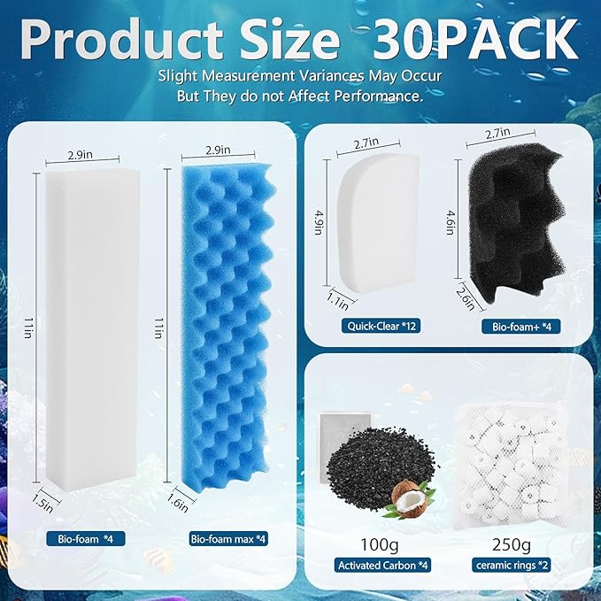 30 Pack Replacement Filter Media Kit Compatible with Fluval 406/407 Aquarium Filters, Including Bio Ceramic Rings, Activated Carbon, Blue, White & Black Bio Foam Value Pack