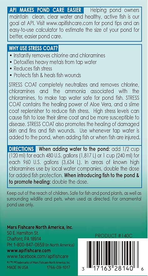 API POND STRESS COAT (1 Gallon) Pond Water Conditioner - Quickly Makes Tap Water Safe for Fish & Plants - Up to 15360 Gallons - Removes Chlorine, Ammonia & More - Natural Aloe Vera