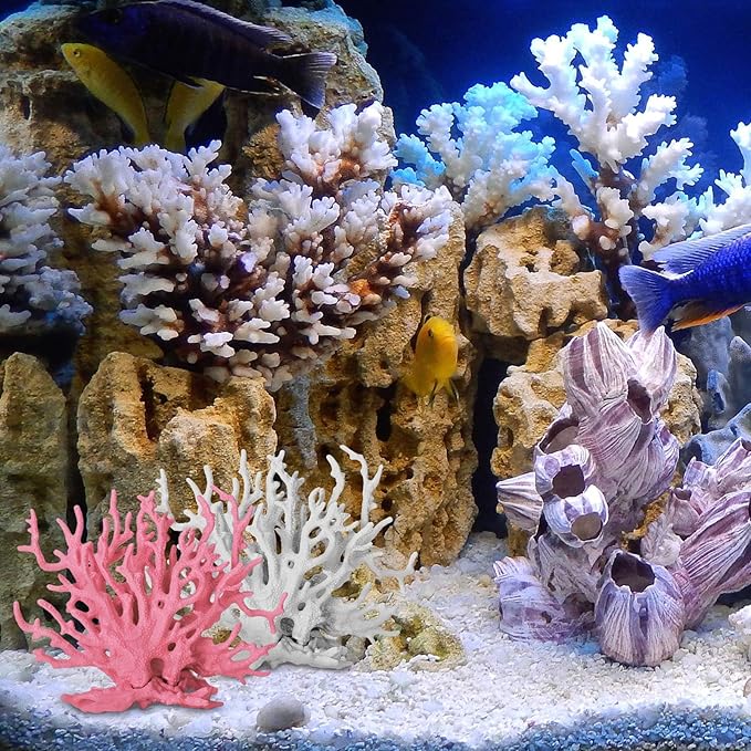 2 Pack Artificial Coral Reef Decor for Aquarium Pink and White Fish Tank Decorations for Landscaping Cute Plastic Ornaments for Terrarium