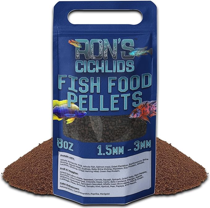 RON'S CICHLIDS African Cichlid Fish Food, Premium Tropical Fish Food Pellets with Protein, Veggies & Fruits for Healthier, Brighter & Bigger Tropical Fish & Cleaner Tanks, Mbuna Blend, 8 OZ