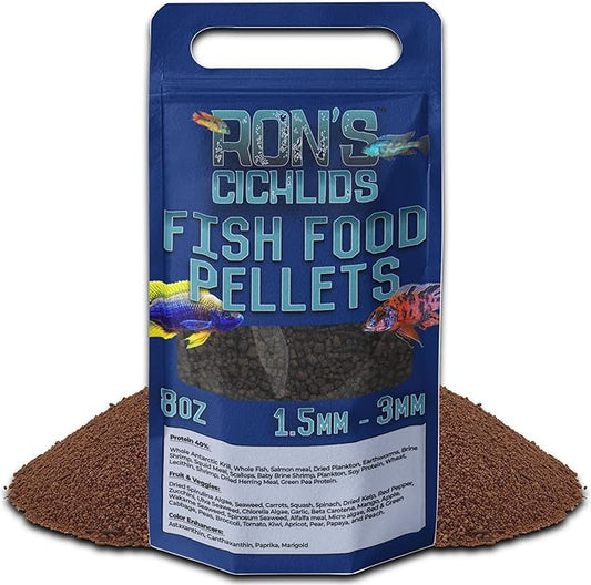 RON'S CICHLIDS African Cichlid Fish Food, Premium Tropical Fish Food Pellets with Protein, Veggies & Fruits for Healthier, Brighter & Bigger Tropical Fish & Cleaner Tanks, Mbuna Blend, 8 OZ