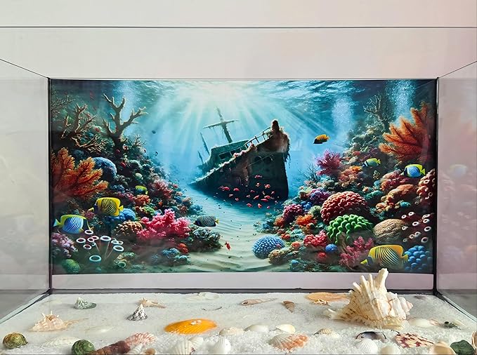Undersea Shipwreck Aquarium Background Underwater World Coral Fish Tank Background 24x12 Inches PVC Glass Container Decoration with Tapes