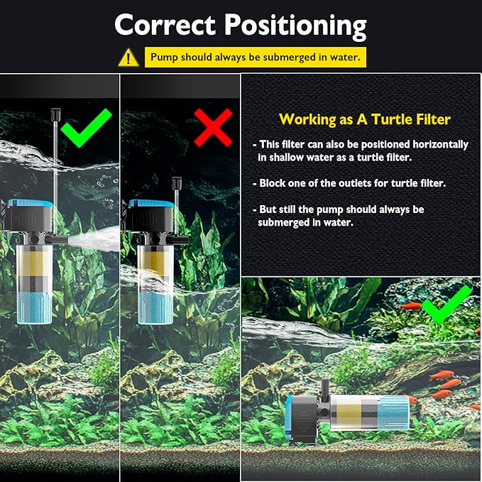 AquaMiracle Submersible Aquarium Filter 3-Stage in-Tank Filter with Dual Water Outlet & Aeration, 130GPH Internal Fish Tank Filter for 10-30 Gallon Aquariums
