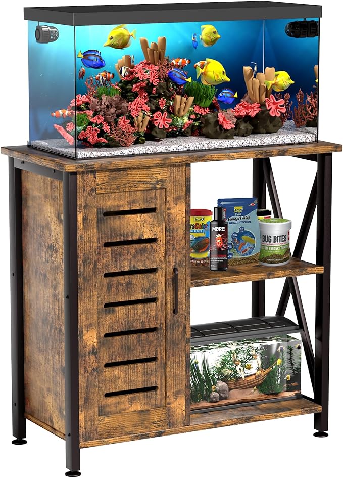 Herture 20-29 Gallon Fish Tank Stand, Aquarium Stand with Cabinet Accessories Storage, Heavy Duty Metal Frame, 31.49" L*15.74" W Tabletop, 330LBS Capacity, Rustic Brown PG07YGN
