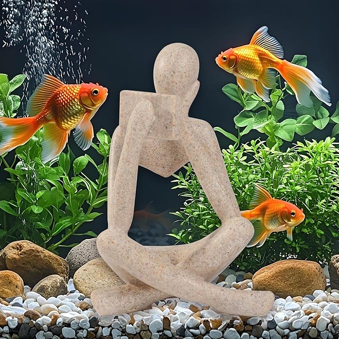 Fish Aquarium Decor Ornaments Sandstone Minimalist Resin Thinker Statue Fish Tank Decorations Small Accessories Abstract Home Decor Fish Toy for Betta Cichlid Goldfish Shrimps Hermit Crabs Turtle