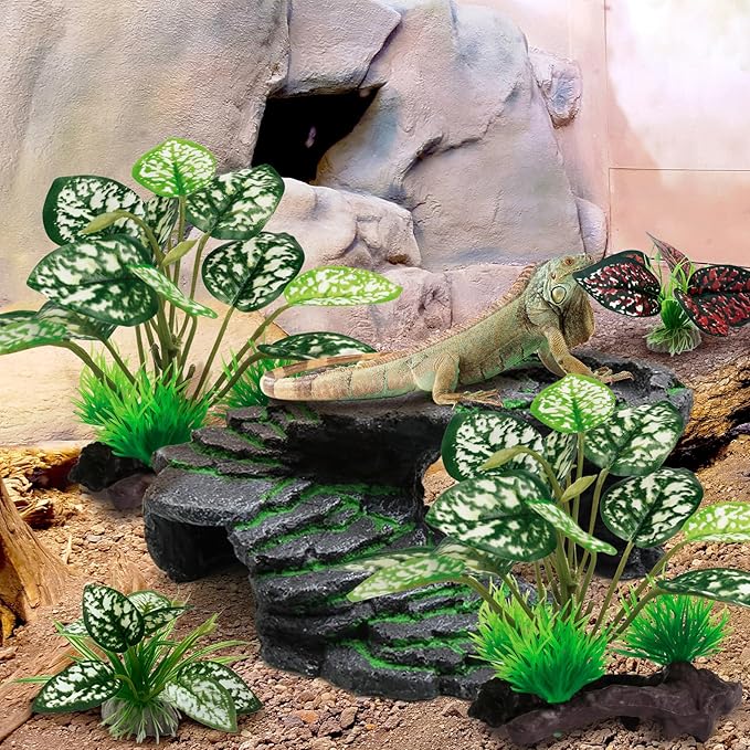 Moonorange Reptile Artificial Plants, Terrarium Plants Decorations Supplies, Aquarium Fish Tank Plant, Amphibian Habitat Hideout Tank Accessories(M Set-4pcs/B)