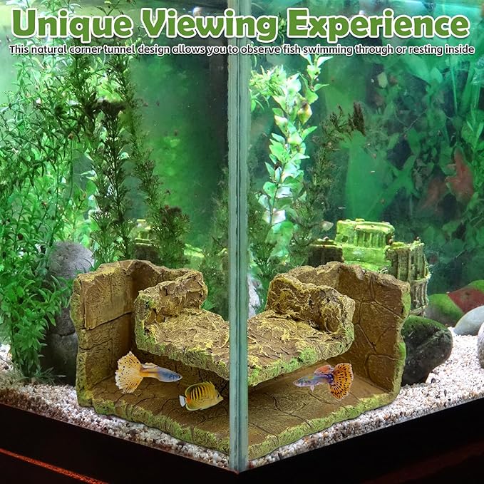 kathson Aquarium Hideaway Cave Underground Tunnel Hideout Wood-Like Fish Tank Cave for Corners View Fish in Aquarium Decoration with 2PCS Plastic Aquatic Plants for Betta Shrimp Guppy Hide