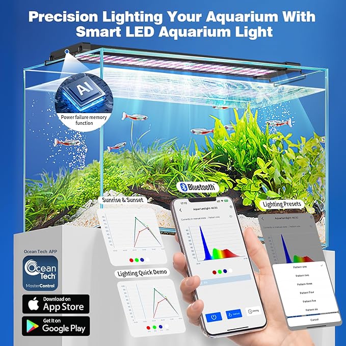 Bluetooth LED Aquarium Light with APP Control, 3 Modes for 18-24 Inch Fish Tank Light with Full Spectrum White Blue Red Green Lights, IP68 Waterproof with Extendable Brackets for Freshwater