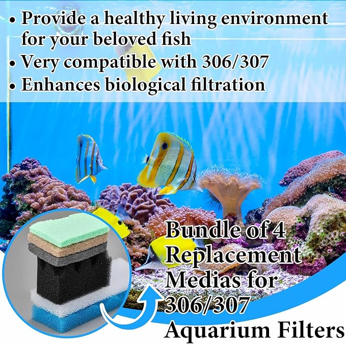 Threlaco 32 Pcs Filter Media Compatible with 306/307 Filters, Aquarium Replacement Maintenance Kit Including Biological Sponge, Ammonia/Phosphate/Nitrite Remover Pad, Aquarium Towel, Grease