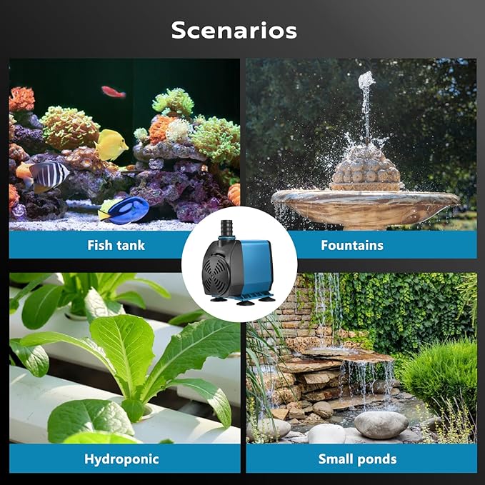 TONGCHANT Submersible Pump, 800GPH & 10ft Lift | 60W Adjustable Flow Fountain Pump for Small Pond Fish Tank & Aquarium, 3 Nozzles(1/2", 5/8" & 3/4"), Fish Safe & Ultra Quiet Operation, ETL Listed