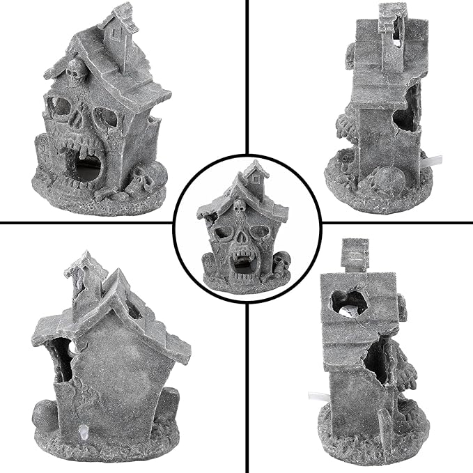 Carefree Fish Aquarium Haunted House Halloween Ghost Bubbler Decor Fish Hide-Out Ornament with 3Ft Tubing and Tiny Air Stone（No Included Air Pump