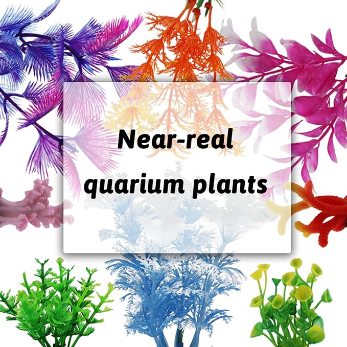 QUOZUO Fish Tank Decorations Plants with Resin Coral, 8 pcs Aquarium Decorations Small Plants Plastic, Fish Tank Accessories Aquarium Decor