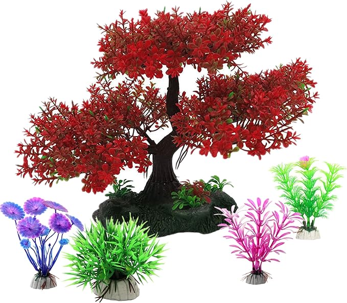 Aquarium Tree Trunk Large Plants Decorations, 5pcs Simulation Resin Cherry Blossom Tree & Aquatic Plants Aquarium Decor, Goldfish Tank Decorations Set, Fish Tank Hides Tree Decoration Kit (Red)