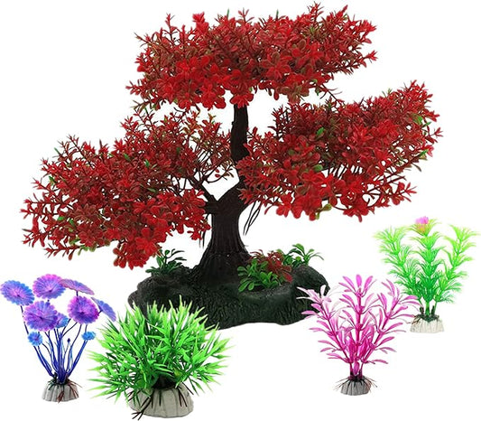 Aquarium Tree Trunk Large Plants Decorations, 5pcs Simulation Resin Cherry Blossom Tree & Aquatic Plants Aquarium Decor, Goldfish Tank Decorations Set, Fish Tank Hides Tree Decoration Kit (Red)
