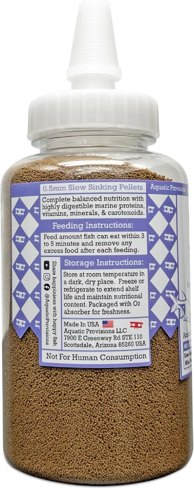 Aquatic Provisions Extra Small Fish Food Pellets 4.23 oz, Sinking 0.5mm Size, High Protein, for Tropical Community Aquariums