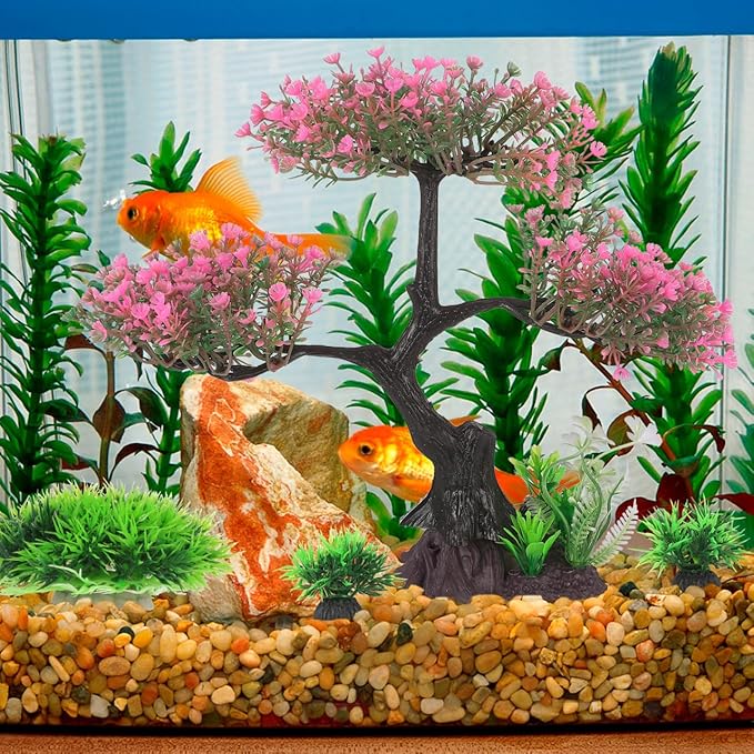 Kisangel Artificial Aquascaping Plants Kit, Pink Bonsai Tree Fake Plastic Ornaments, Japanese Style Décor for Fish, Turtle & Axolotl Habitats, 11.4" x 9.4"