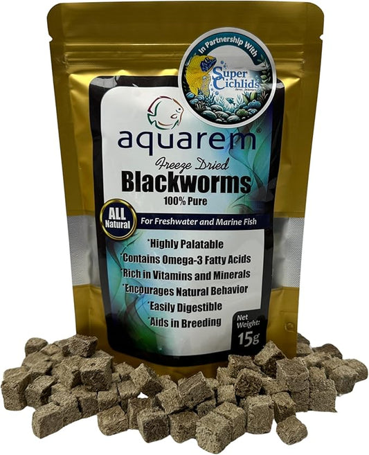 Super Cichlids Freeze Dried California Blackworms - All Natural - Perfect for Marine & Tropical Aquariums - High Protein, No Preservatives - Ideal Live Blackworms Alternative Fish Food (15 Grams)