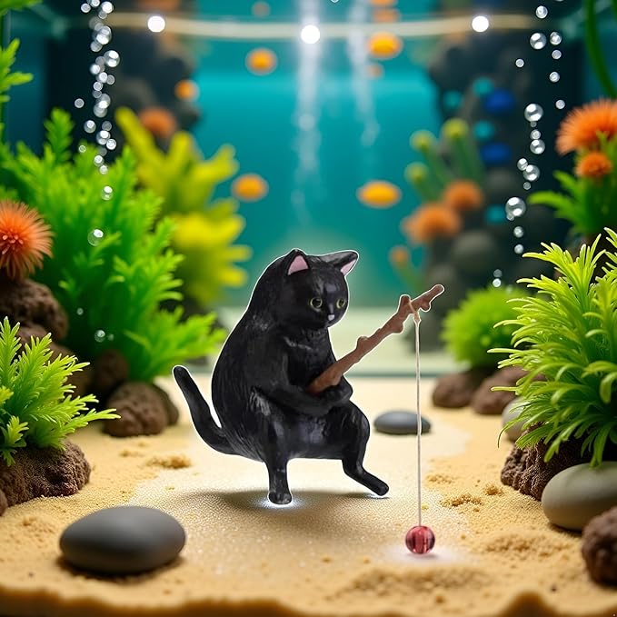1pc Black Landscaping Cartoon Fishing Cat Ornaments,Household Supplies Home Office Decorations,Cute Fishing Cat Figurine Ornaments Aquarium Fish Tank Decor,Aquarium Accessories