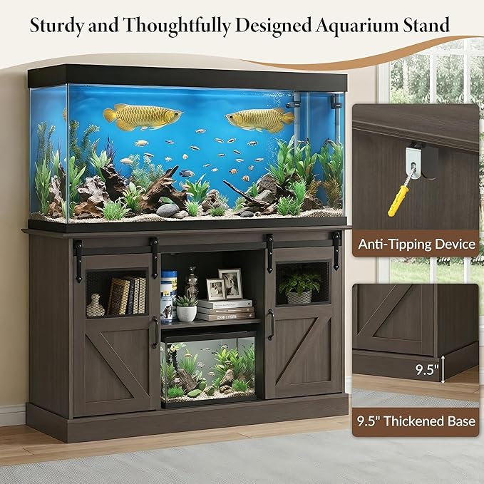 TITIMO 55-75 Gallon Fish Tank Stand with Power Outlet, Heavy Duty Large Aquarium Stand with Sliding Barn Door and Cabinet Storage for 2 Fish Tank Turtle Tank Reptile Terrarium, 1300LBS Capacity(Gray)