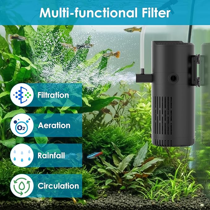 Aquarium Filter for 10-20 Gallon Tanks, Internal Fish Tank Filter, Submersible Turtle Tank Filter, with Aeration/Rainfall Modes and Dual Water Outlet
