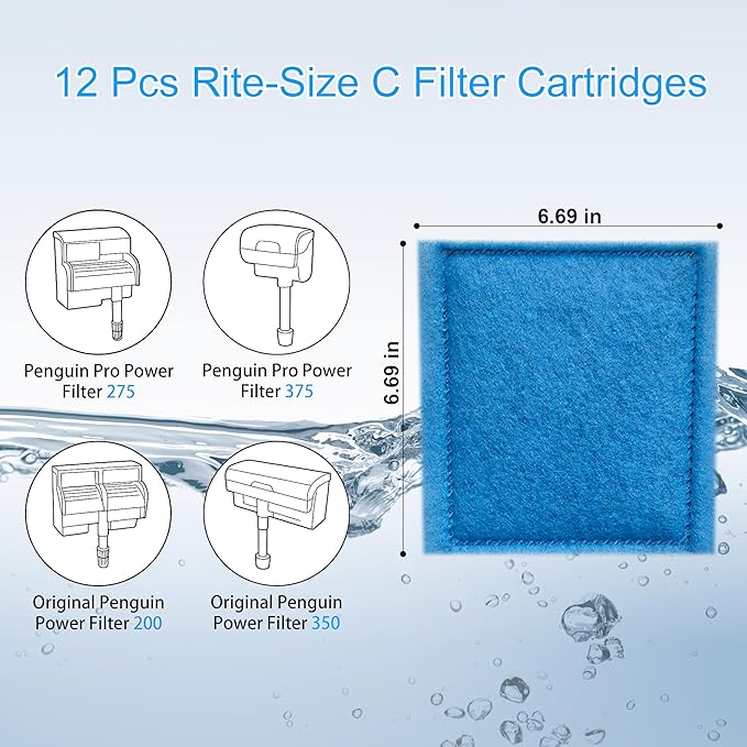 12 Pack Rite-Size C Filter Cartridges, Compatible with MarineLand Penguin PRO Power Filters 275/375, Original Penguin Power Filters 200/350 & AQUA-Tech 20-40/30-60 Fish Tank Filter Replacement