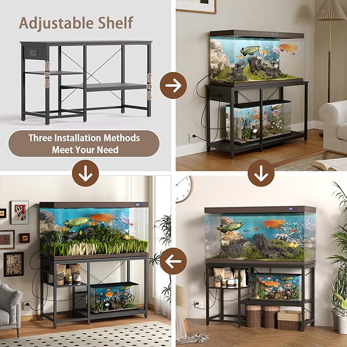 Beuruku 55-75 Gallon Fish Tank Stand with Power Outlet & LED Light, Metal Aquarium Stand with 3 Tier Adjustable Storage Shelves, for Reptile & Turtle Tank, 52" L*19.5" W, Black