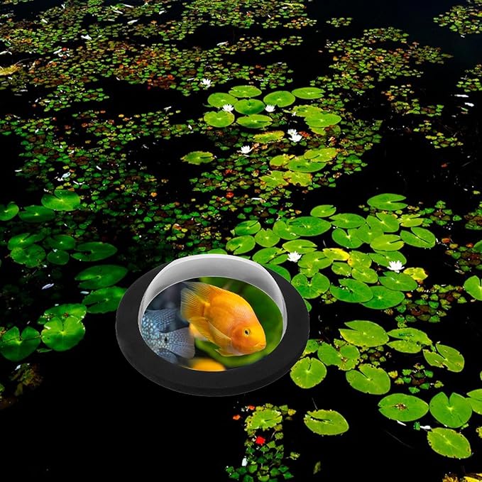 KALLORY Floating Fish Dome Cover with Acrylic Lid and Black Base, 15cm Diameter Floating Pond Sanctuary for Outdoor Garden Aquariums and Fish Habitat