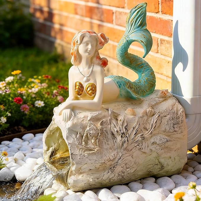 Teaeeno Mermaid Statue Faux Log Fish Cave, Predator Control and Decorative Shelter for Koi and Fish, Ponds, Aquariums, and Terrariums, Mermaid Statue Decor