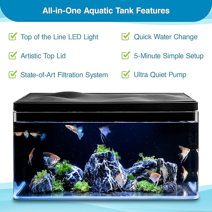 Harmony Deluxe 8 Gallon All-in-One Aquarium Kit, Award-Winning Fish Tank with Lid, Integrated Filtration, LED Light, Low-Iron Glass, Black Tank with Oak Grain Top