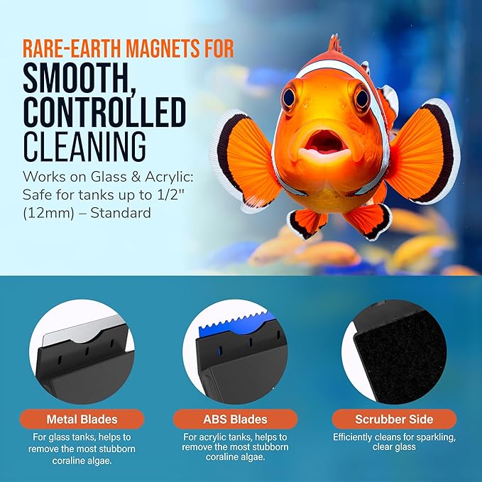FLIPPER EDGE Standard Limited Edition Clownfish Magnetic 2-in-1 Aquarium Cleaner for Glass and Acrylic Tanks up to 1/2" (12mm) Thick – Dual Blade Design with Floating Algae Scraper and Cleaning Tool
