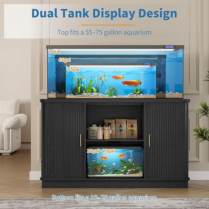 Fish Tank Stand, 75 Gallon Tank Stand with Sliding Cabinet Door, Heavy Duty Aquarium Stand with Power Outlet for Turtle Tank, Reptile Terrarium, 1000LBS Capacity (Black)