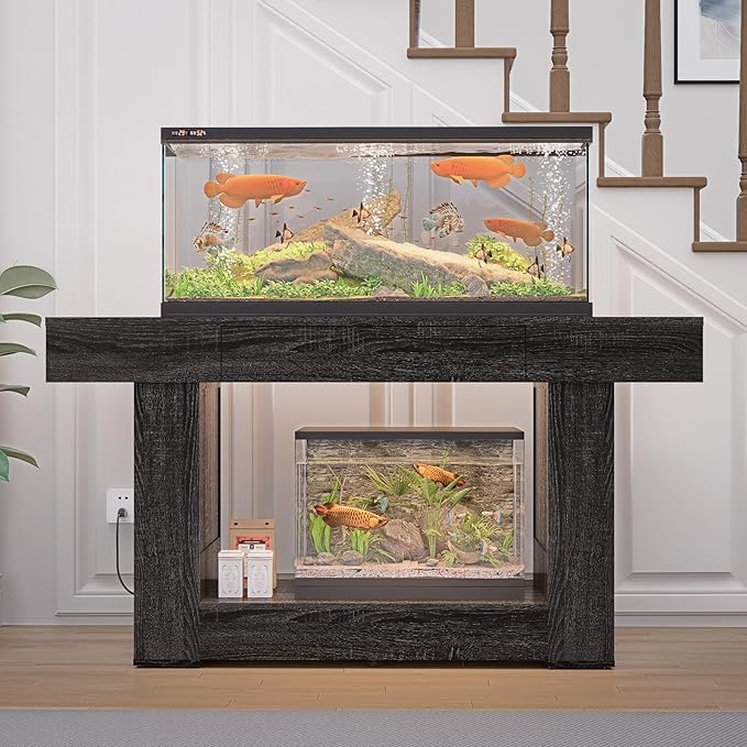 55–75/90 Gallon Aquarium Stand, Heavy Duty Fish Tank Stand for Turtle,Reptile&Amphibians,MDF Board Tabletop with Drawer&Power Outlet,Reinforced Metal Frame Upload 1000LBS Black Wood