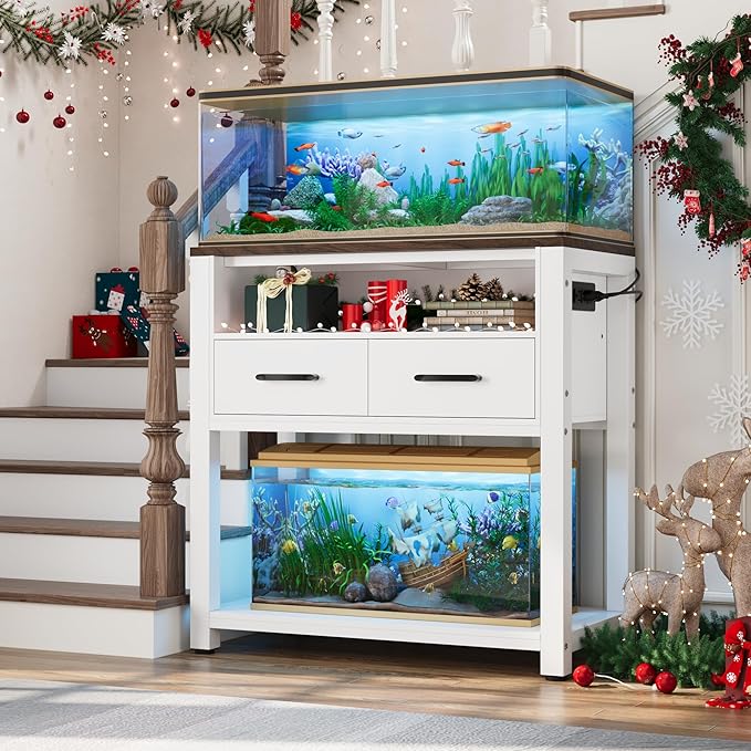 EOSVALO 20-29 Gallon Aquarium Stand with Stable Metal Frame & Power Outlet, Heavy-Duty Fish Tank Stand with Waterproof Mat, 550LBS Capacity Storage Cabinet, White+Brown
