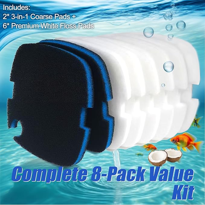 PurifyLogix 8 PCS Replacement Filter Pads for MarineLand for Magniflow 360/400 Canister Filters, Upgraded 3-in-1 Coarse (Activated Carbon) & White Floss Media - Mechanical & Biological Filtration