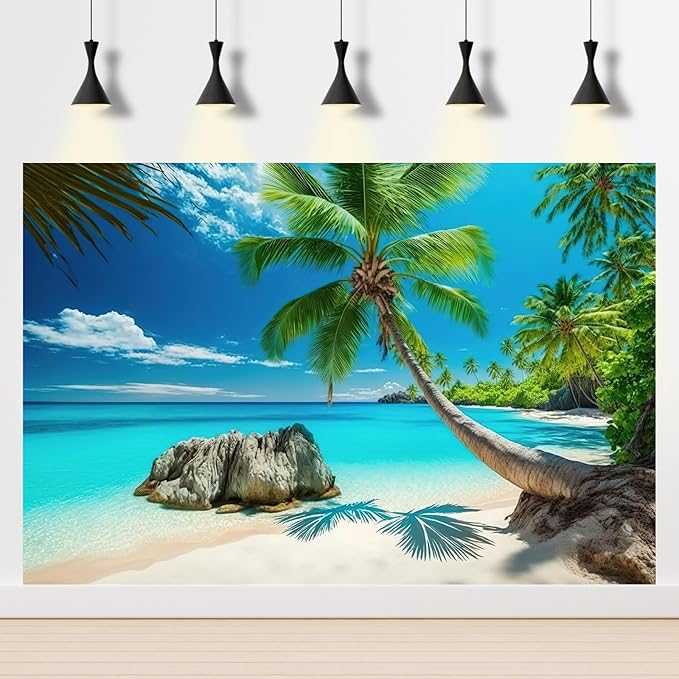 Ocean Beach Aquarium Background Tropical Beach Seascape Coconut Trees Terrarium Backgrounds Sunny Seabeach Coastal Landscape Fish Tank Background Blue Ocean Sandbeach Reptile Tank Backgrounds 30x18in