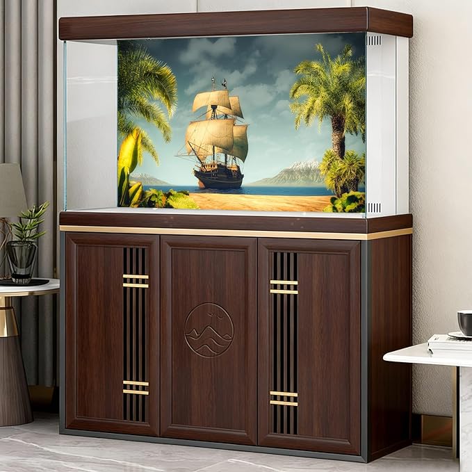 Tropical Island Aquarium Background Vintage Pirates Ship Lush Palm Trees Fish Tank Background Sunset Cloudy Blue Ocean Seascape Wonderland Terrarium Backgrounds for Tank Backgrounds Decors 48x18in