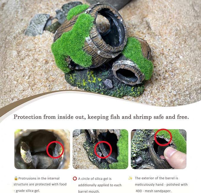 Moss-Covered Twin Broken Barrels Aquarium Decor – Resin Fish Tank Hideout with Artificial Moss for Betta, Shrimp & Small Fish
