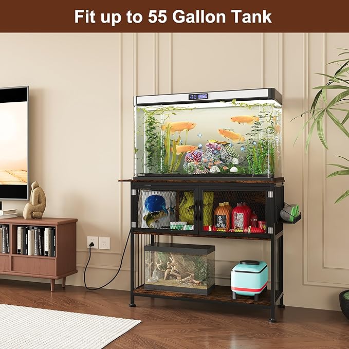 TQVAI 40-55 Gallon Fish Tank Stand with Power Outlets, Heavy Duty Aquarium Stand with Cabinet Storage Fish Tank Accessories, Large Reptile Terrarium Tank Stand, Black/Vintage