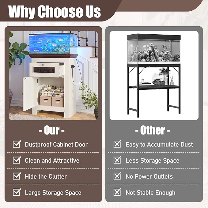 10-15 Gallon Aquarium Stand With Power Outlets, Farmhouse Fish Tank Stand, Reptile and Terrarium Stand with Drawer and Cabinet Storage, Sturdy Heavy Duty 20.4" 12",White