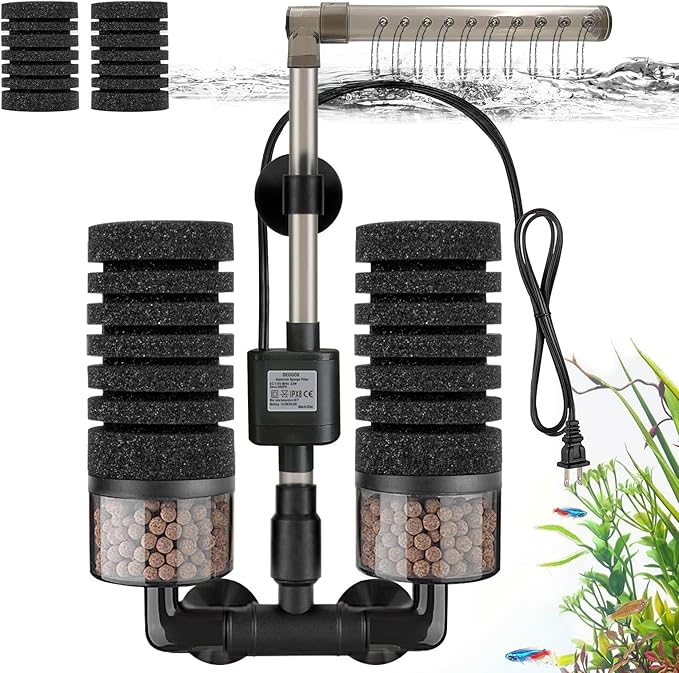 Aquarium Electric Sponge Filter with Submersible Water Pump Silence Motor for Shrimps,Bettas with Bio Ceramic Media Balls and 2 Spare Sponge,Venturi Nozzle and Rain Mode (S for 10-20 Gal)