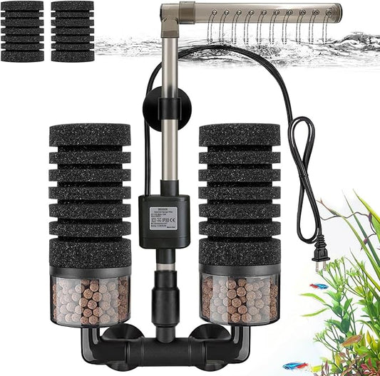 Aquarium Electric Sponge Filter with Submersible Water Pump Silence Motor for Shrimps,Bettas with Bio Ceramic Media Balls and 2 Spare Sponge,Venturi Nozzle and Rain Mode (S for 10-20 Gal)