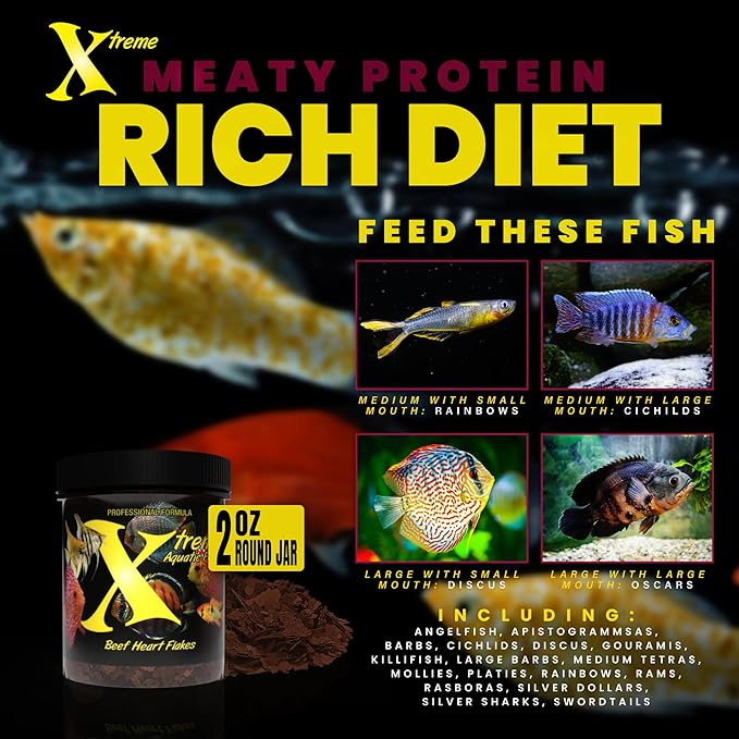 Xtreme Beef Heart Flakes - High Protein, Nutrient-Dense for Tropical & Freshwater Fish, Supports Growth, Color Enhancement, Easy Digestion - Ideal for Discus and Cichlids (2oz)