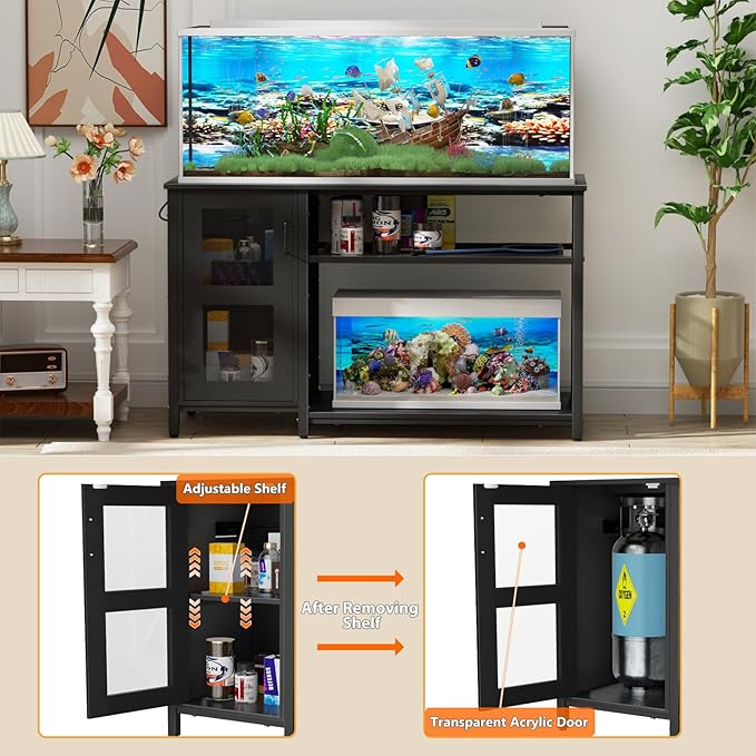 BEURUKU 55-75 Gallon Fish Tank Stand , Aquarium Stand with Cabinet & Power Outlets for Fish Tank Accessories Storage, Heavy Duty Metal Terrarium Stand, 52" L*19" W Tabletop, 1200LBS Capacity, Black