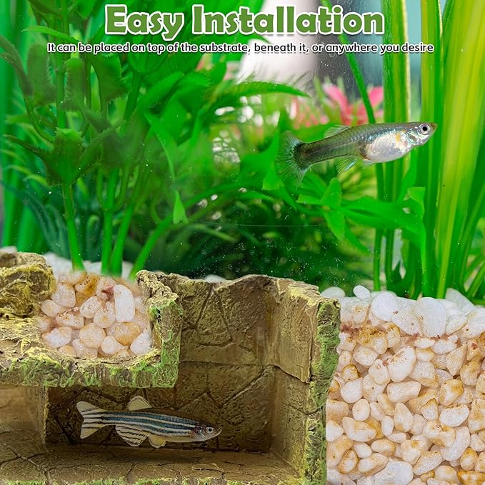 kathson Aquarium Hideaway Cave Underground Tunnel Hideout Wood-Like Fish Tank Cave for Corners View Fish in Aquarium Decoration with 2PCS Plastic Aquatic Plants for Betta Shrimp Guppy Hide