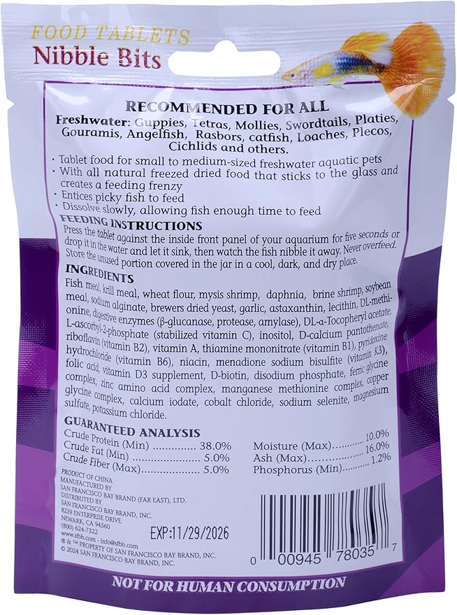 Tropical Fish Food Tablets Nibble Bits for Tetras, Cichlids, Guppies - Natural Fish Food for Freshwater Carnivore - Large Tablets 2.1oz (60g)
