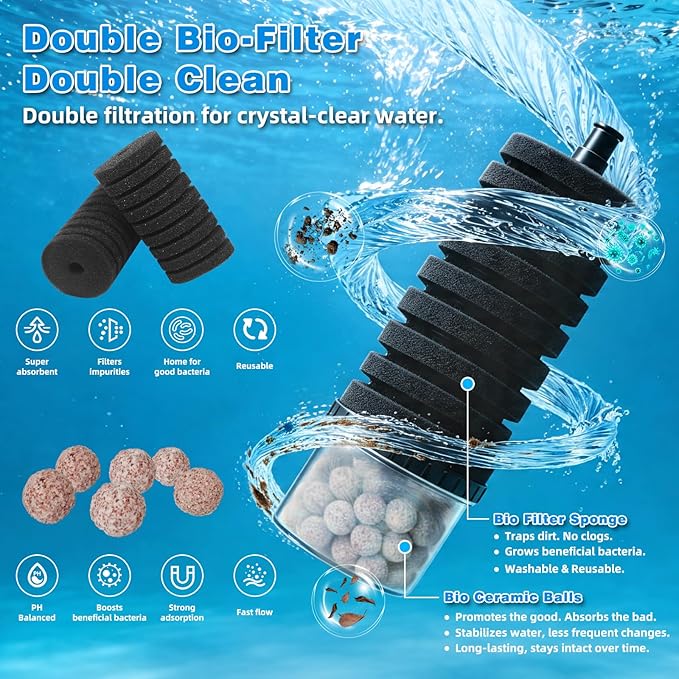 Aquarium Sponge Filter 15-55 Gallon Fish Tank Filter, Electric Power Double Sponge Filter, Quiet Small Low Flow Foam Filter For Fish Tank Betta Shrimp, Intake Dual Sponge Filter Kit w/ Bio Balls &Pump