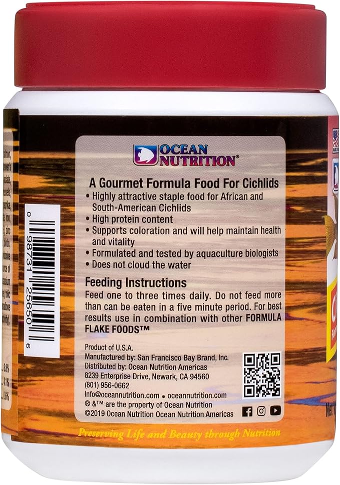 Ocean Nutrition Fish Food Flakes - Cichlid Fish Food, High Protein Flakes, Tropical, Ideal Cichlid Food for Angelfish, Kribensis, Ram and More, Made in the USA, 2.5 oz (70 g)