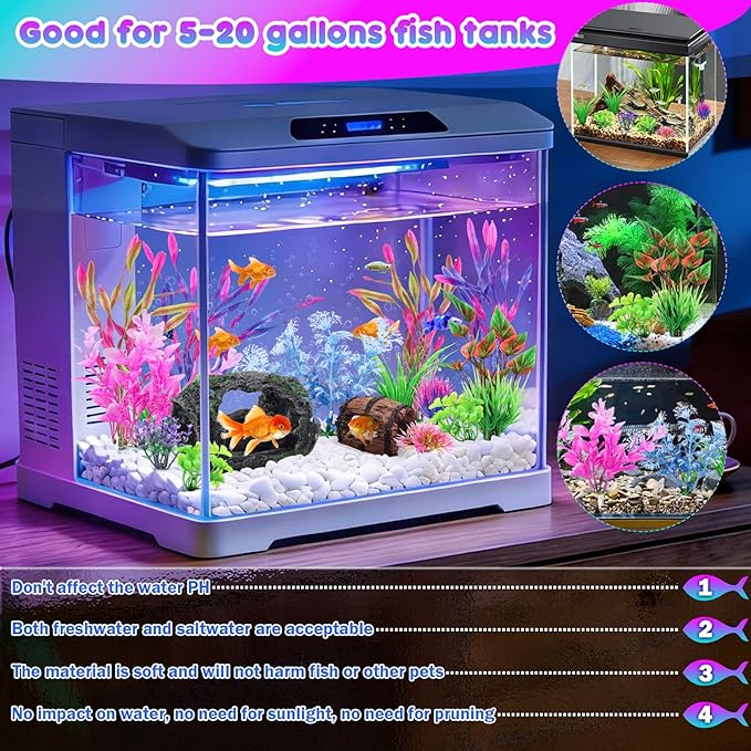 QUOZUO 16 Pcs Aquarium Artificial Plastic Plants Decorations and Broken Barrels Set, Colorful Fish Tank Accessories Hideout Ornaments Aquarium Decor Set