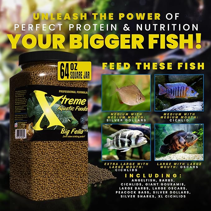 Xtreme Big Fella 3.0mm Pellets: Professional Nutrition for Medium to Large Cichlid/Community Fish - Boost Immune & Digestive Health, Color & Energy, Max Protein Fish Food – USA Farm Grown (64oz)