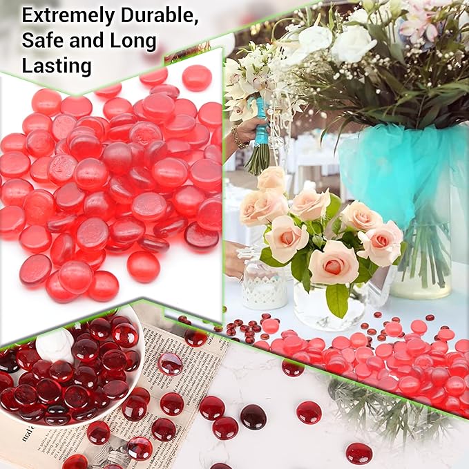 ARSUK 1LB Red Glass Pebbles for Vase Fillers, Aquarium Gravel, Decorative Stones for Crafts, Fish Tanks, Plant Pots, Wedding, Garden, Home Decor – Flat Glass Marbles (Red, 1LB)
